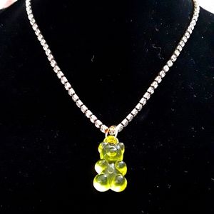 YELLOW GUMMY BEAR NECKLACE WITH RHINESTONE CHAIN NEW